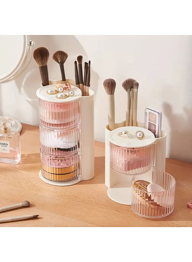 Beige Yellow 2 Tier Rotating Makeup Jewelry Organizer Desktop Storage For Cosmetics Brushes Stationery - Image 4